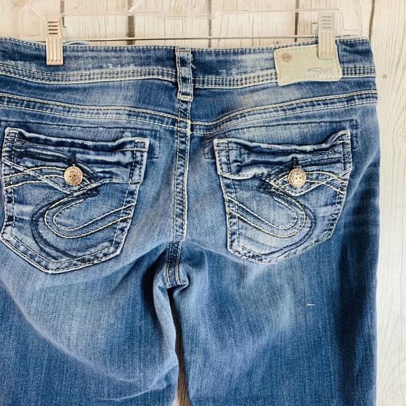 Womens Silver Aiko Rivets Flap Pocket Capri Denim Blue Jeans Sz W 30 L 22 - Picture 4 of 9